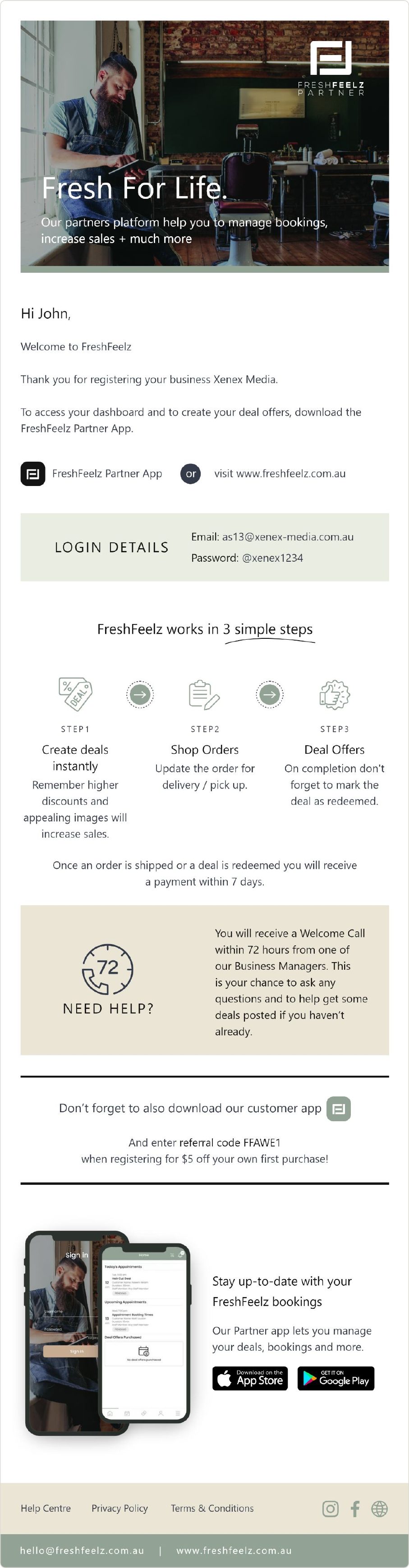 FreshFeelz email template — welcome partner