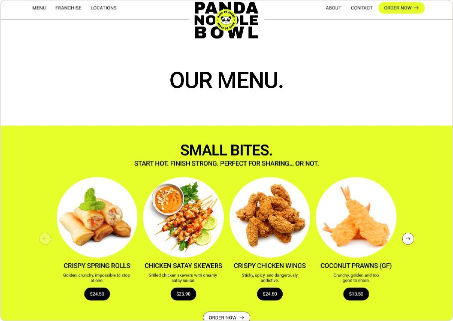 Panda Noodle Bowl menu section