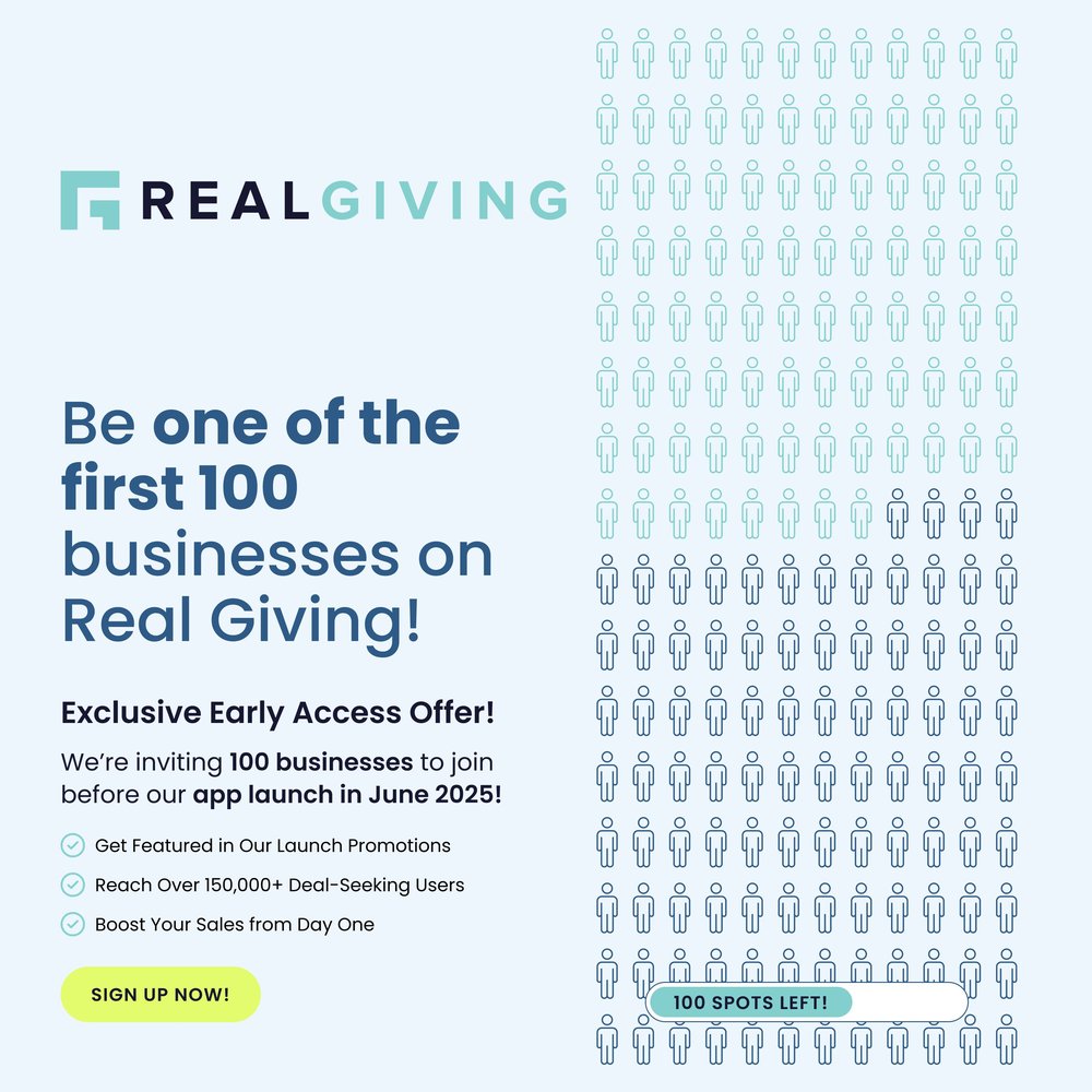 Real Giving social media post — first 100 businesses
